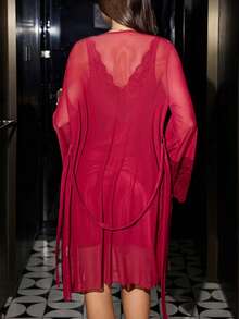 Women's Sexy Valentine's Day Wine Red Contrast Lace Satin Backless V-Neck Slip Dress And Sheer Lace Tie-Up Robe 2-Piece Sleepwear Set - Burgundy - View 2