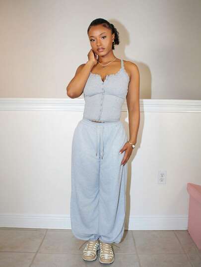 Steph T 女式宽松长款松紧腰带慢跑裤，卷边下摆 Y2k，女式慢跑运动裤