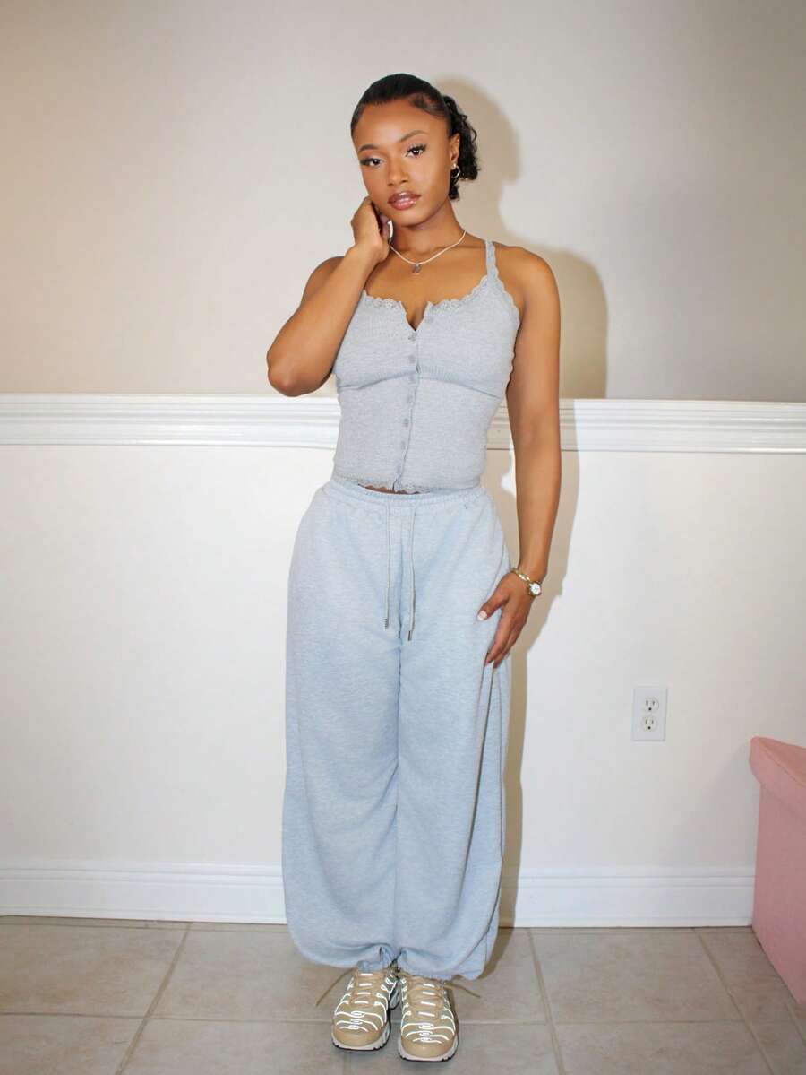 Steph T 女式宽松长款松紧腰带慢跑裤，卷边下摆 Y2k，女式慢跑运动裤 - 灰色 - 查看 1