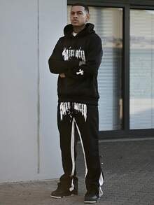 Devon Thys 2pcs/Set Men Y2K Casual Streetwear Letter Print Hoodie And Sweatpants Suit, Autumn, Fall Clothes - Black - View 6