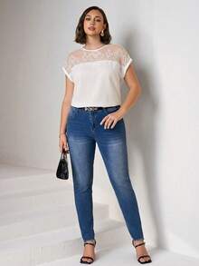 Chikora 大码优雅纯色蕾丝拼接衬衫，夏季 - 白色 - 查看 6