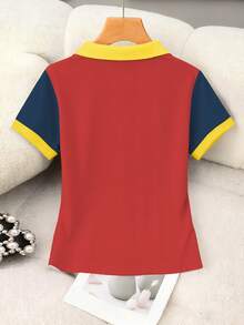 Rovax 女士字母印花撞色 Polo 领短袖休闲上衣 - 紅色 - 查看 2