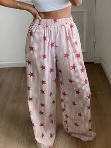 DAZY Quần pajama dài ống rộng dáng suông in họa tiết sọc và sao dành cho nữ - Màu Đỏ Sâu - Xem 5