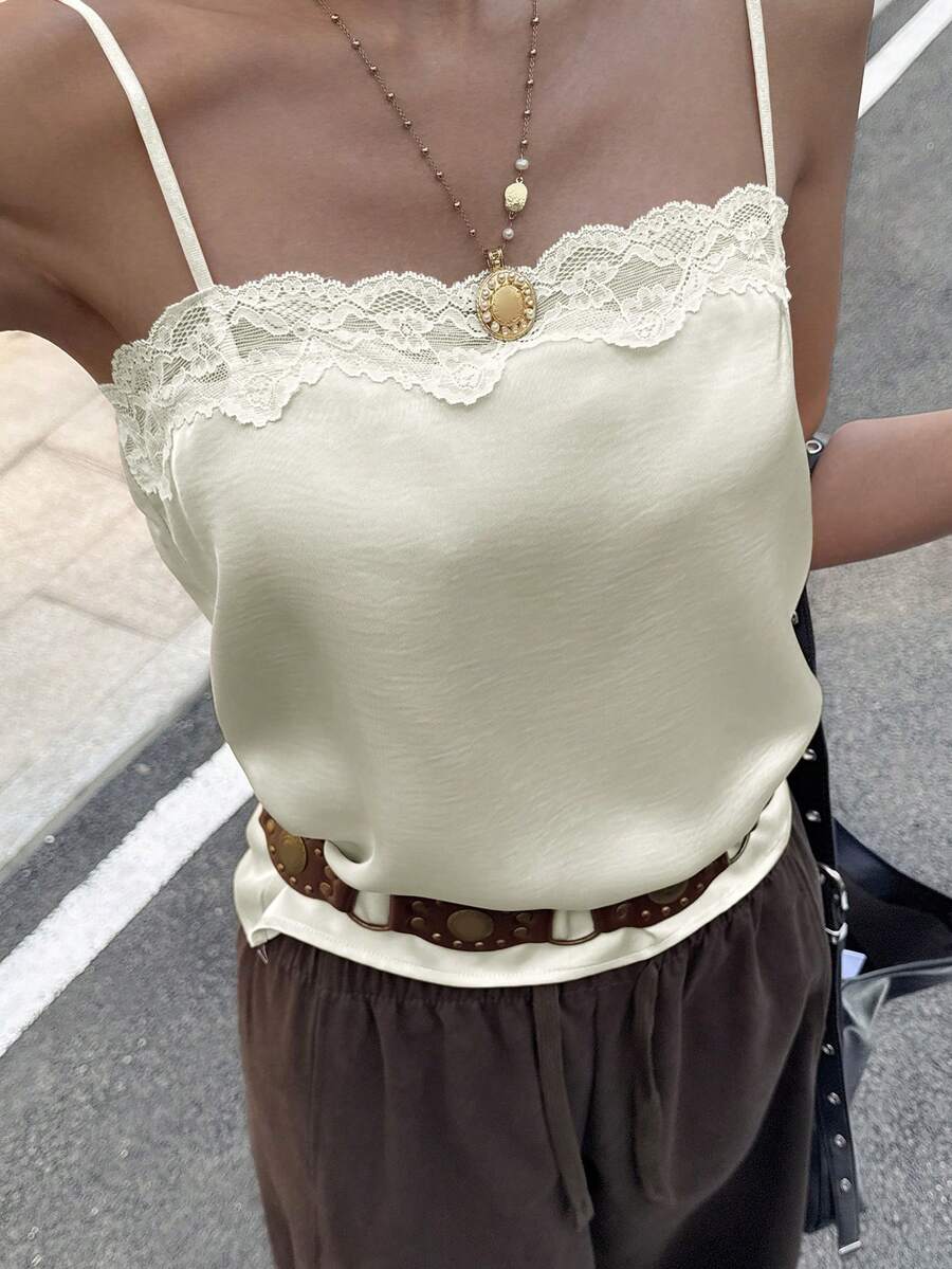Strévra 夏季假日休闲白色蕾丝拼接缎面女士吊带背心 - 白色 - 查看 1