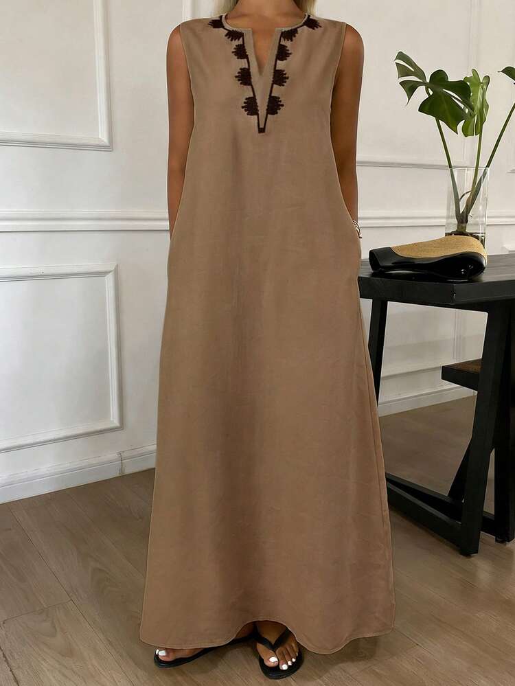 Holiday Outfit Women's Summer Embroidered Decor Sleeveless V-Neck Long Sleeve Mid-Length Dress Sundress