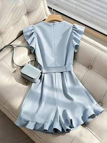 GlowEve 女士时尚荷叶边腰部连体裤，休闲阔腿连身裤，适合日常穿着、通勤和休闲活动 - 藍色 - 查看 2