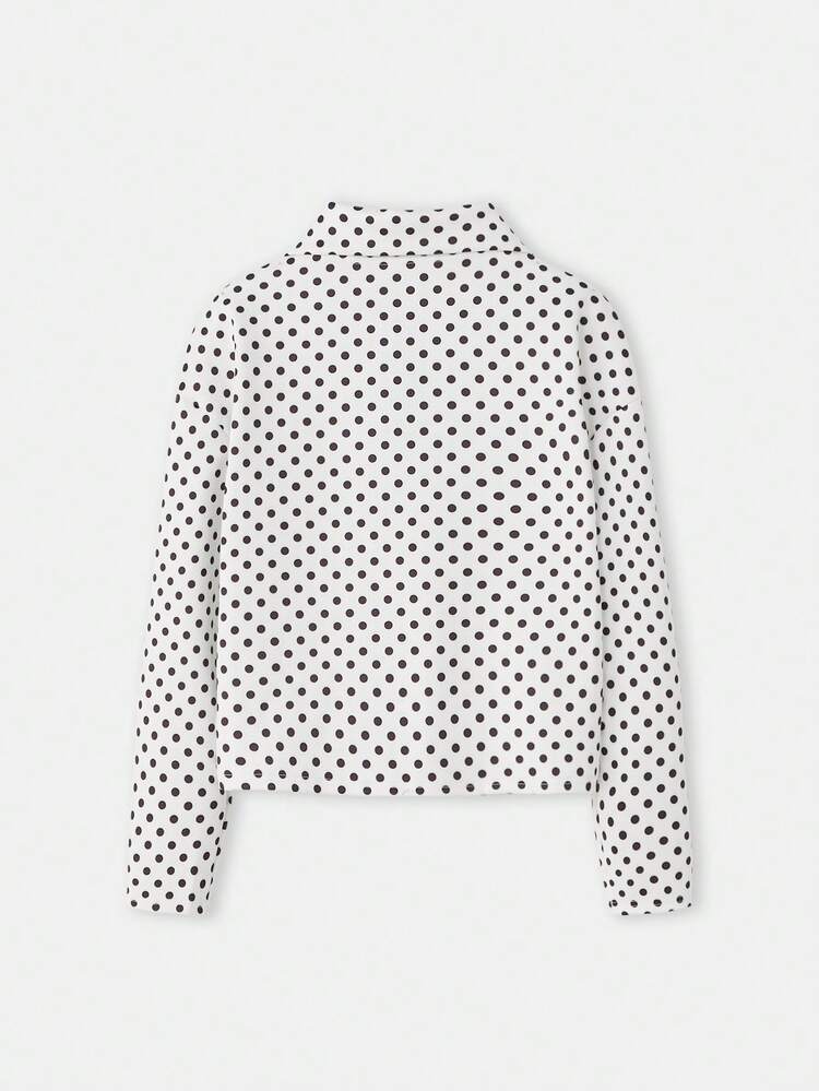 White Polka Dot Zip Up Sweatshirt, Long Sleeve Polka Dot Top Going Out Chic Fitness Sweatshirt Spring Summer Cosy