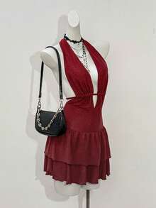 Jeanoix Women's Sexy Solid Color Ruffle Hem Halter Neck Dress - Burgundy - View 3