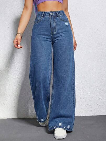 SHEIN EZwear 休闲水洗做旧高腰阔腿牛仔裤