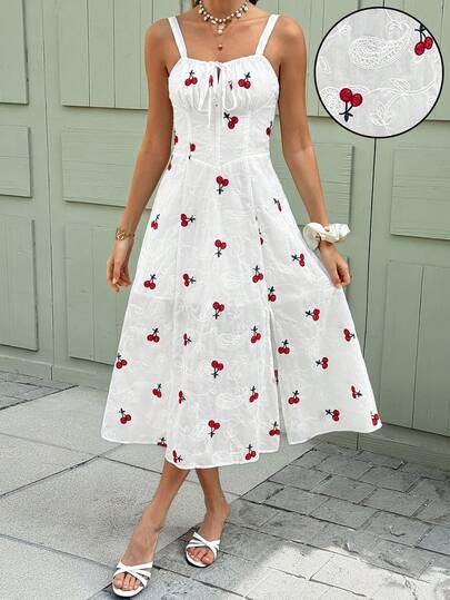 Serisse Vestido midi con tirantes con bordado de cerezas y nudo delantero para vacaciones de mujer