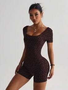 Dewbera 女士无缝性感露背豹纹连体运动服 - 咖啡棕 - 查看 5
