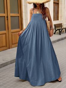 Brillora Đầm dệt trơn màu, dáng rộng, dây mảnh, thích hợp cho kỳ nghỉ xuân/hè. - Màu xanh bụi bặm - Xem 6