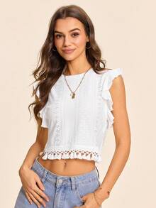 Coeurva 夏季海灘女式孔眼刺繡荷葉邊白色 T 卹 - 白色 - 查看 1