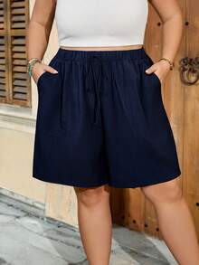SHEIN CURVE+ 大码女式纯色抽绳腰带口袋宽松舒适休闲短裤，藏蓝色女式短裤，夏季女式短裤，休闲女式短裤，松紧腰短裤，亚麻短裤，女士假日短裤 - 藏蓝色 - 查看 3