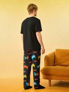 Notgurli 字母游戏印花男士短袖上衣和裤子睡衣套装 - 黑色 - 查看 2