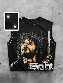 ROMWE MEN Street Life 男士个性街头风无袖背心，耶稣信仰图案印花圆领宽肩休闲背心，必备街头服饰 - 彩色 - 查看 1