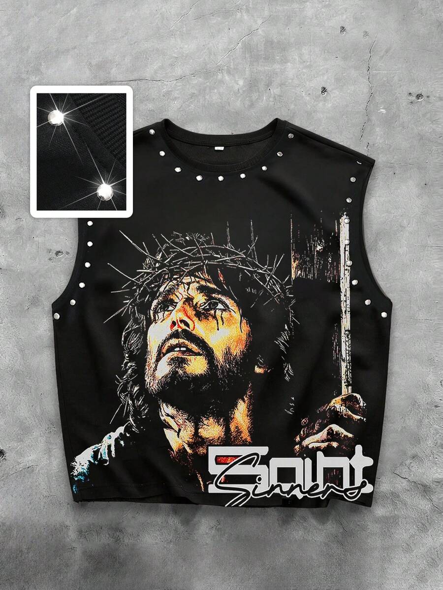 ROMWE MEN Street Life 男士个性街头风无袖背心，耶稣信仰图案印花圆领宽肩休闲背心，必备街头服饰 - 彩色 - 查看 1