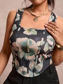 SHEIN VCAY 大码印花方领无袖T恤 - 黑色 - 查看 3