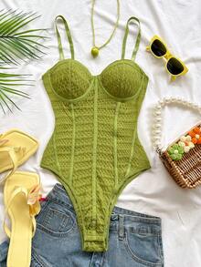 Soleia Leopard Print Bustier Lace Trim Camisole, Sexy Vacation, Party, Date, Valentine's Day, Afternoon Tea Wear,Green,Beach Vacation Outfits For Women - Green - View 3