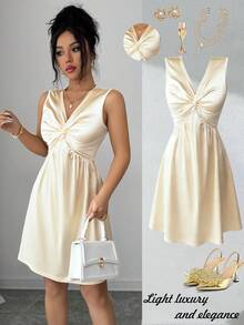 SHEIN Elenzya Champagne Satin Sleeveless V-Neck Twist Front Midi Dress, Elegant Luxury Drape Style, Suitable For Dates And Formal Occasions - Champagne - View 3
