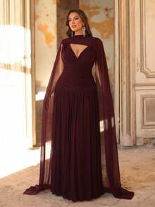 Aureia Saia Evasê A-Line Super Ampla com Decote V em Tule Brilhante Bordô, com Alça Destacável, Elegante em Plus Size, Adequada para Encontros, Festas de Solteiros, Casamentos, Eventos, Vestidos de Dama de Honra - Vermelho - Visão 8