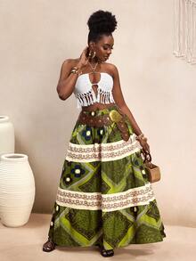 BamGleam 波西米亚风橄榄绿印花多层蛋糕裙，拼接条纹高腰裙，度假风显瘦A字裙，博主同款休闲约会复古风 - 彩色 - 查看 1