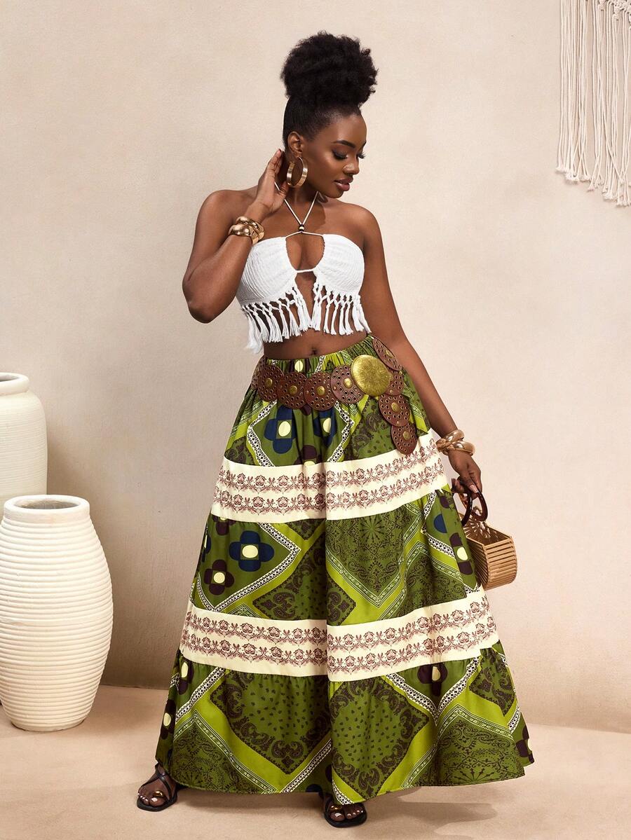 BamGleam 波西米亚风橄榄绿印花多层蛋糕裙，拼接条纹高腰裙，度假风显瘦A字裙，博主同款休闲约会复古风 - 彩色 - 查看 1