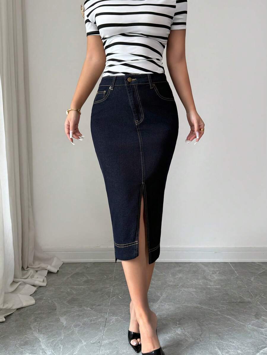 Selianne 女士优雅铅笔牛仔裙，带口袋和侧开衩 - 深色水洗藍 - 查看 1
