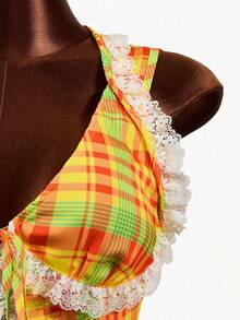 Mistrie Women's Fashionable Checkered Print Ruffled Lace Blouse With Ruffled Lace At The Neckline. Checkered Print Blouse With Backless Ruffled Lace Detail. Women's Fashionable Piece. - Multicolor - View 6