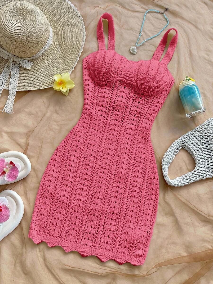Soleia 女士度假针织纹理面料海洋贝壳迷你连衣裙，性感派对约会海滩度假夏季装扮，适合度假约会、下午茶、婚礼季、海滩邮轮度假、城市自驾游度假、波西米亚风度假、音乐节等场合。 - 粉色 - 查看 1