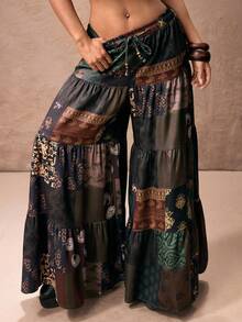 ROMWE PETITE Women's Hippie Style Vacation Paisley & Plaid Retro Print Wide Leg Pants - Brown - View 7