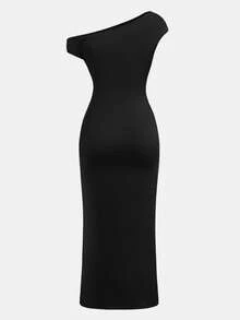 SHEIN 少女黑色针织不对称肩部褶皱腰部简约优雅休闲修身连衣裙，适合情人节穿着 - 黑色 - 查看 2