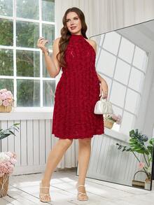 SHEIN Clasi 大码女士优雅花卉装饰吊带连衣裙 - 紅色 - 查看 4