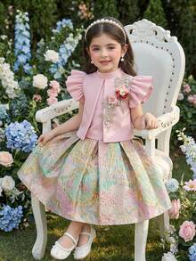 Girls Light Pink Summer Party Elegant Set,3D Floral Applique Ruffle Armhole Puff Sleeve Top And Jacquard Skirt,Pastel Flower Embroidered Blouse Dress - Pink - View 3