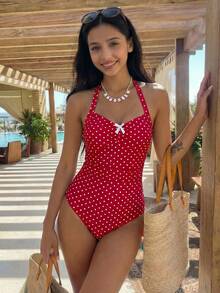 SHEIN 少女波点印花蝴蝶结装饰挂脖连体泳衣，夏季海滩度假 - 紅白色 - 查看 2