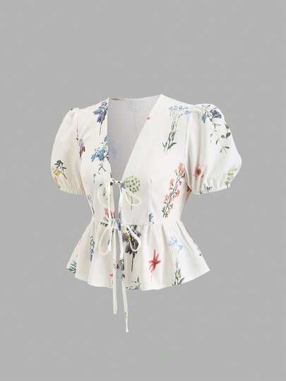Sweetra Summer Beach Vacation French V-Neck Tie Floral Petal Sleeve Cinched Waist Versatile White Cropped Blouse For Women