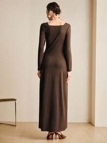 Revavyn Revavyn Chic Dark Brown Long Sleeve Maxi Dress, Elegant Square Neck With Sweetheart Bust, Faux Leather Ruched Corset Waist, Satin-Feel A-Line Floor-Length Skirt, Slimming Bodycon Silhouette, Formal Evening Gown For Cocktail Party, Wedding Guest, Date Night, Business Dinner, Sophisticated Minimalist Luxury Dress For Women - Brown - View 3