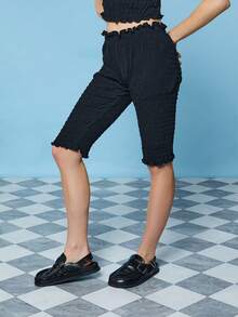 COUREZ 低腰褶皱荷叶边七分裤 /Y2K 夏季女装可爱性感黑色沙滩裤 女士度假泳装 夏季度假女式沙滩装 - 黑色 - 查看 4