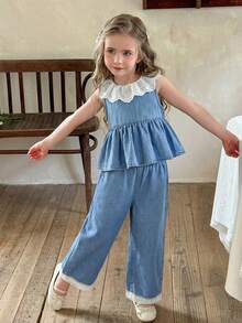 LMoss Kids 2件套 女童撞色荷叶边蓝色牛仔宽松背心和裤子套装 - 淺色水洗藍 - 查看 6