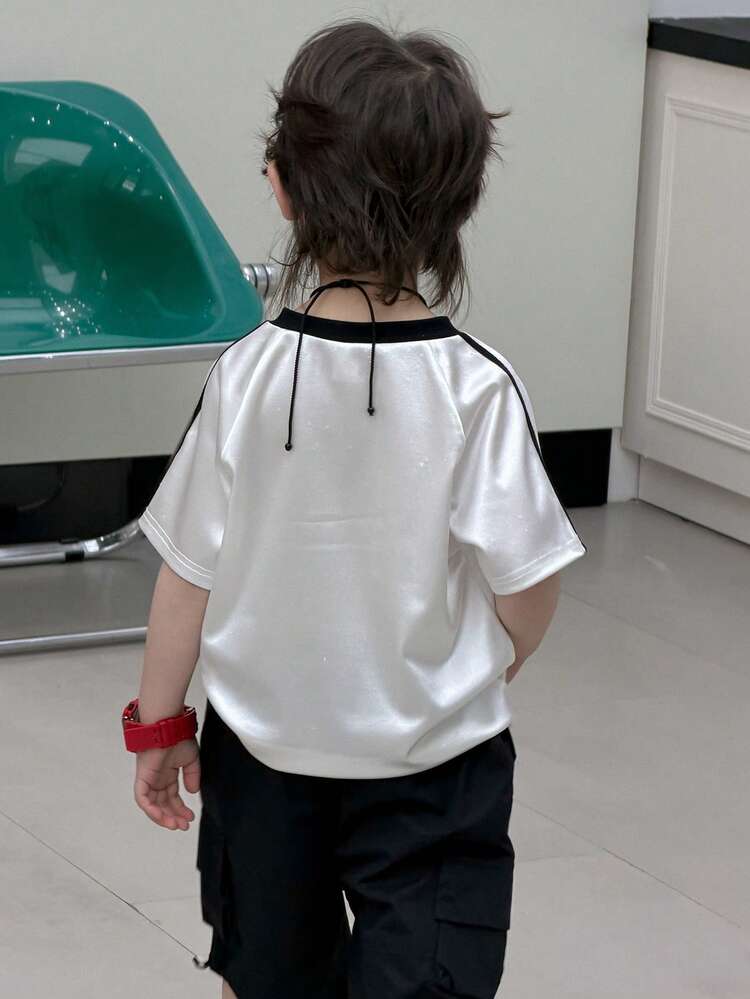 Young Boy Casual Contrast Color Letter Print Short Sleeve T-Shirt, Summer