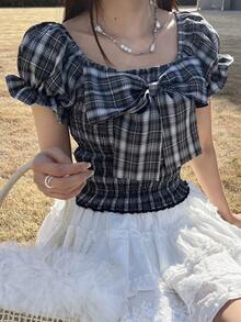 FRIFUL 女士格子印花蝴蝶结装饰方领休闲短袖衬衫可爱上衣 - 灰色 - 查看 2
