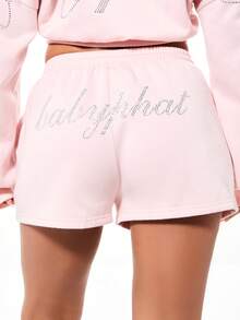 BABYPHAT Women's Casual Drawstring Jersey Shorts With Rhinestone Text Detail And Elastic Waist - Pink - View 1