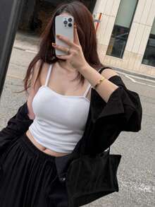 DAZY Kamisol Kasual Pendek Pas Badan Warna Polos untuk Wanita - Putih - View 5