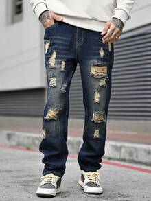 Devon Thys Men's Outdoor Casual Straight Leg Distressed Blue Jeans, Autumn/Winter - Dark Wash - View 1