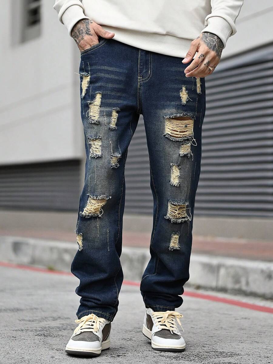 Devon Thys Men's Outdoor Casual Straight Leg Distressed Blue Jeans, Autumn/Winter - Dark Wash - View 1