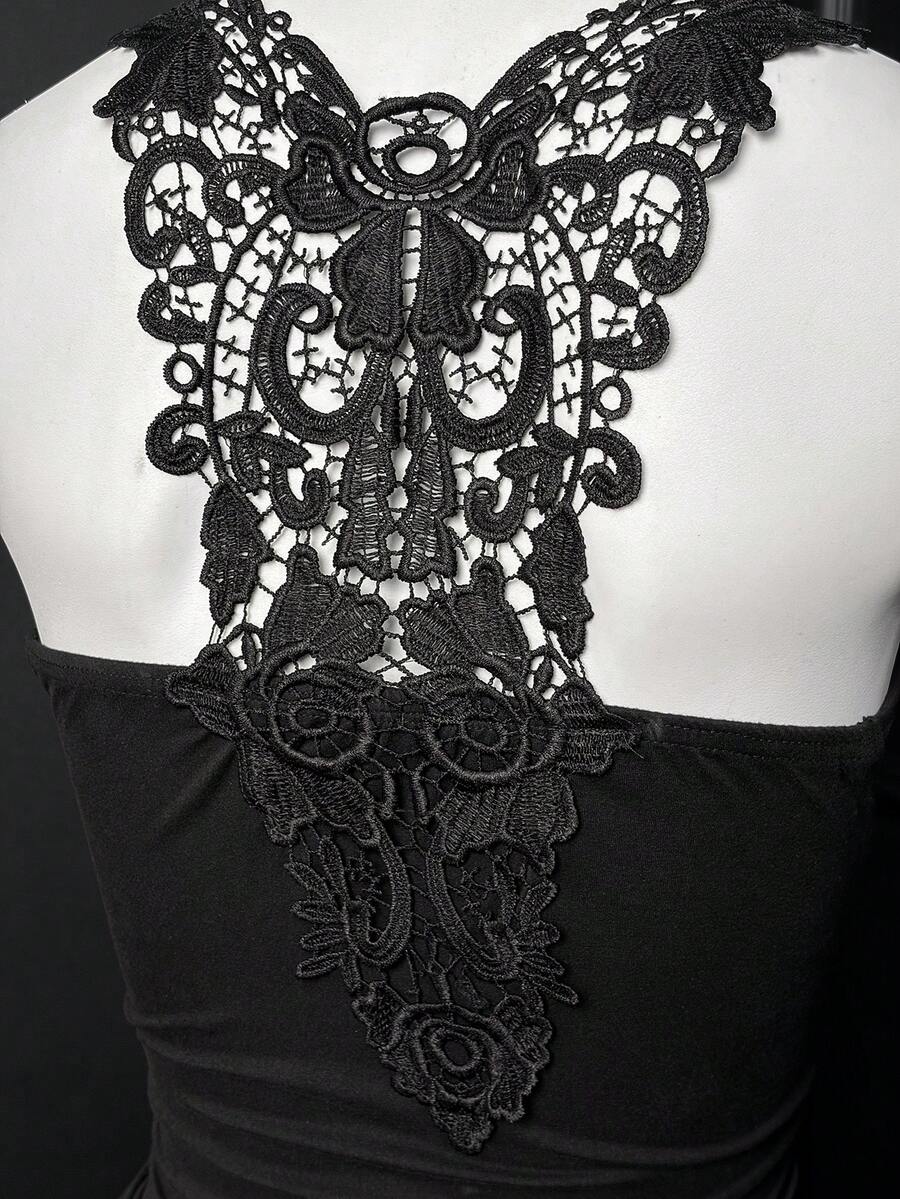 EgrlEra 女士哥特式圆形戒指细节蕾丝拼接吊带背心，夏季 - 黑色 - 查看 1