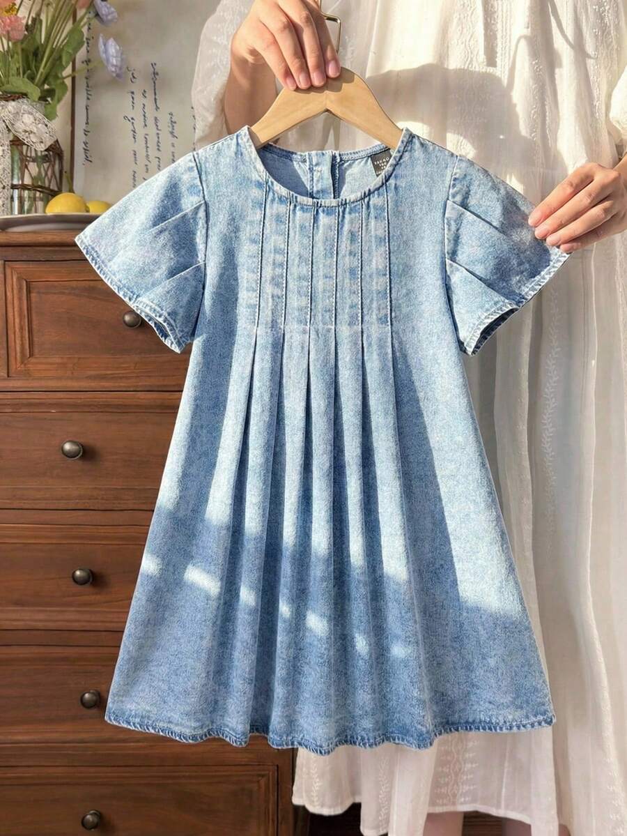 SHEIN LMoss Kids 女童蓝色牛仔荷叶边宽松连衣裙 - 淺色水洗藍 - 查看 1