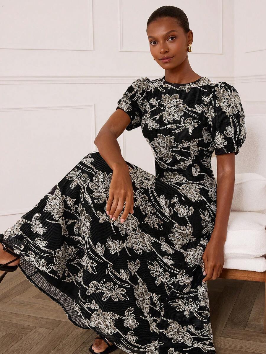 Lilora Women's Elegant Classy Embroidered Mid-Length Dress Party Formal Night Black N Gold Summer Wedding - Black and White - View 1