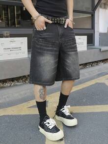 Manfinity EMRG 男士宽松灰色牛仔短裤，休闲阔腿夏季短裤 - 灰色 - 查看 8