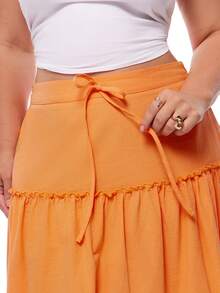 Solavibe 大码休闲纯色前系结荷叶边下摆半身裙 - 橘色 - 查看 9